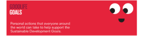 Red banner with big eyes in one corner. Text reads Personal actions that everyone around the world can take to support the Sustainable Developmen tGoals