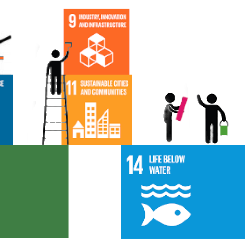 Tiny construction workers build the 17 UN Sustainable Development Goals (#SDGs) into a stable wall