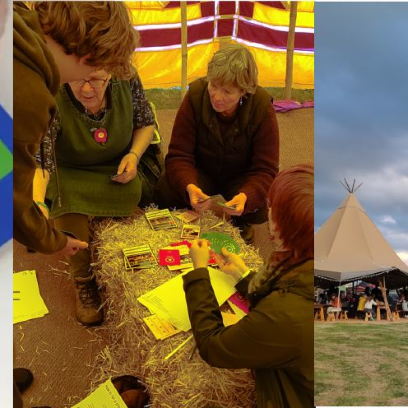 Wood Festival 2026:Playing cards, people playing a game and a brightly coloured tent under a blue sky